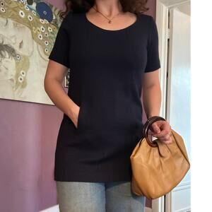 Vintage Theory S Nocturne Navy Wool Blend Short Sleeve Sweater Tunic w Pockets